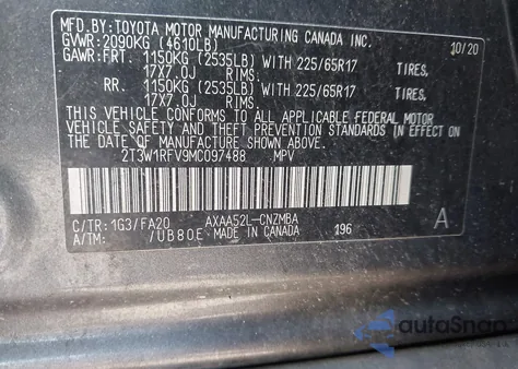 2021 Toyota Rav4 Xle z USA, uszkodzony, nr VIN 2T3W1RFV9MC097488